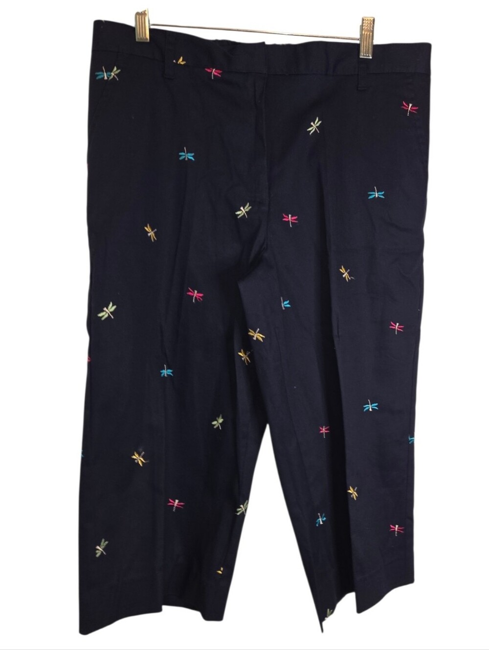 Navy Blue Dragonfly Embroidered NEW Cropped Cotton Stretch Pants